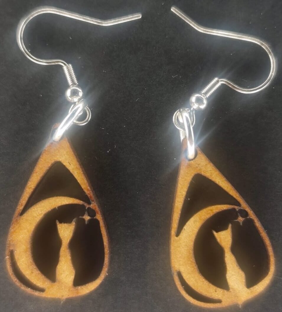 Aretes gato con luna MDF 3 mm natural